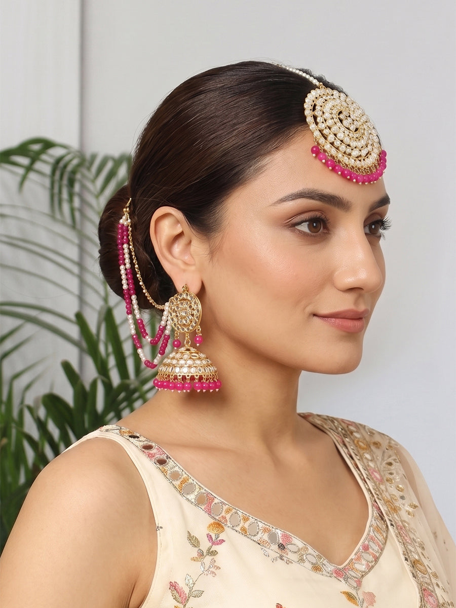 Kirat Earrings With Ear chain-Hot Pink 