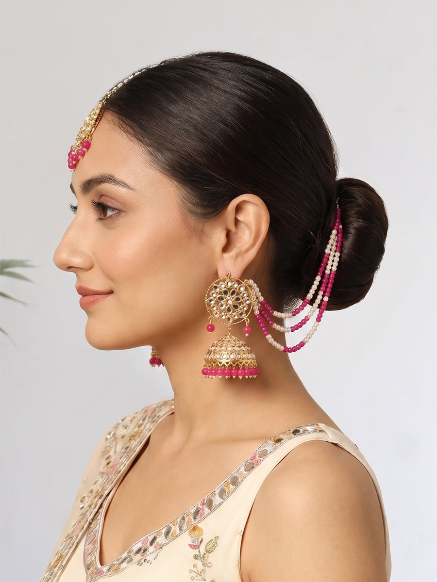 Kirat Earrings With Ear chain-Hot Pink 