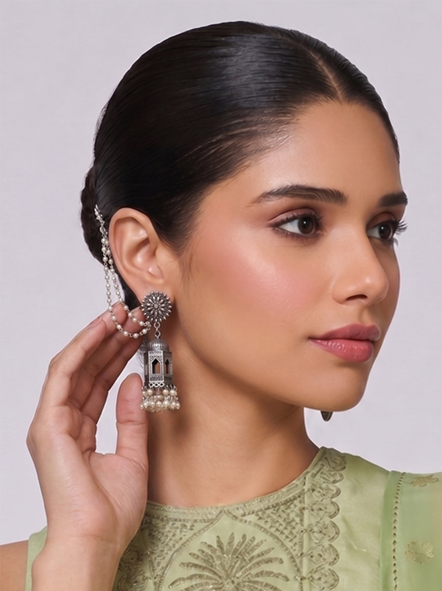 Bhumi Jhumka Earrings With Ear Chain-Antique Silver