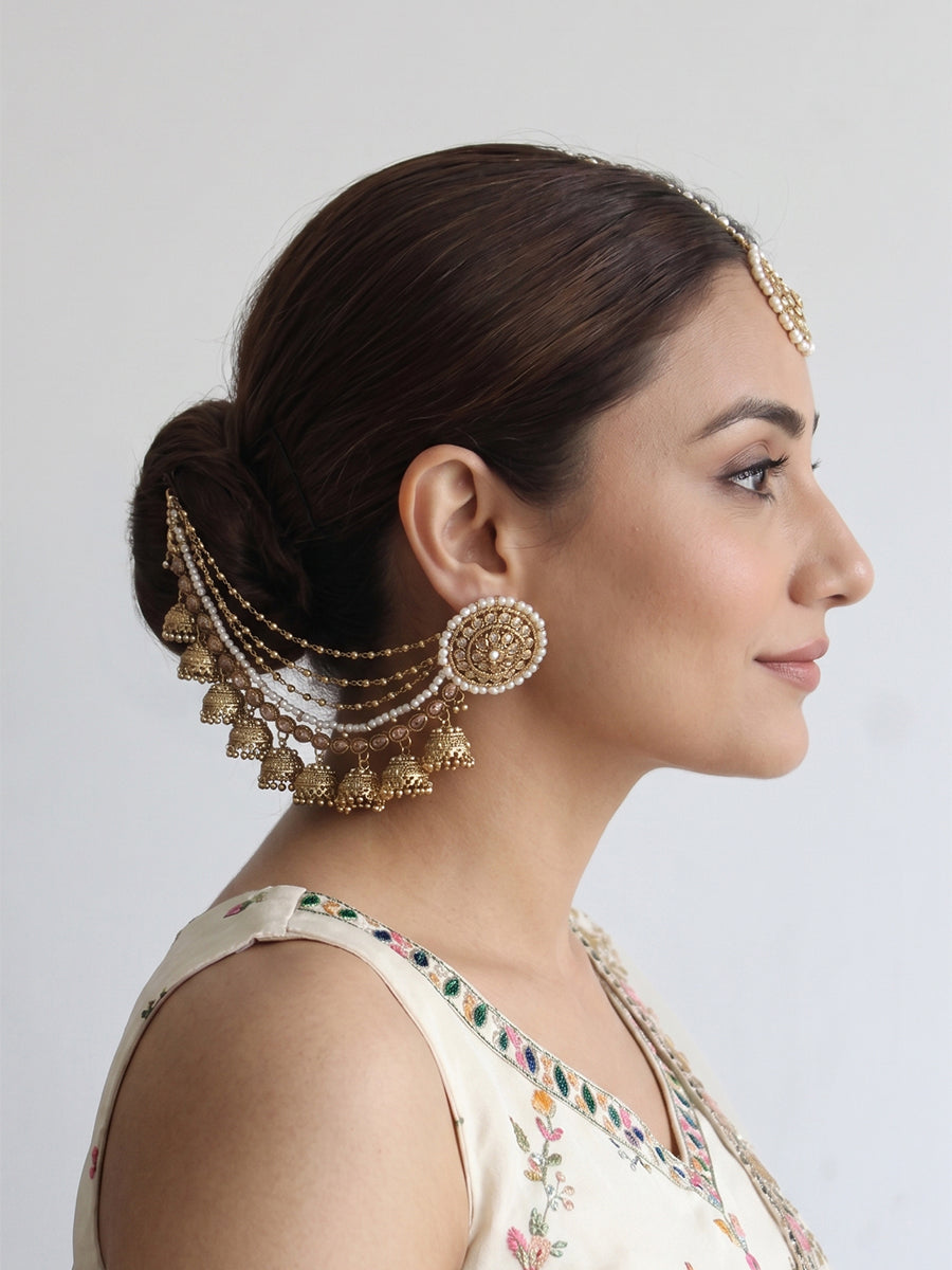 Nivika Stud Earrings With Ear Chain - Gold