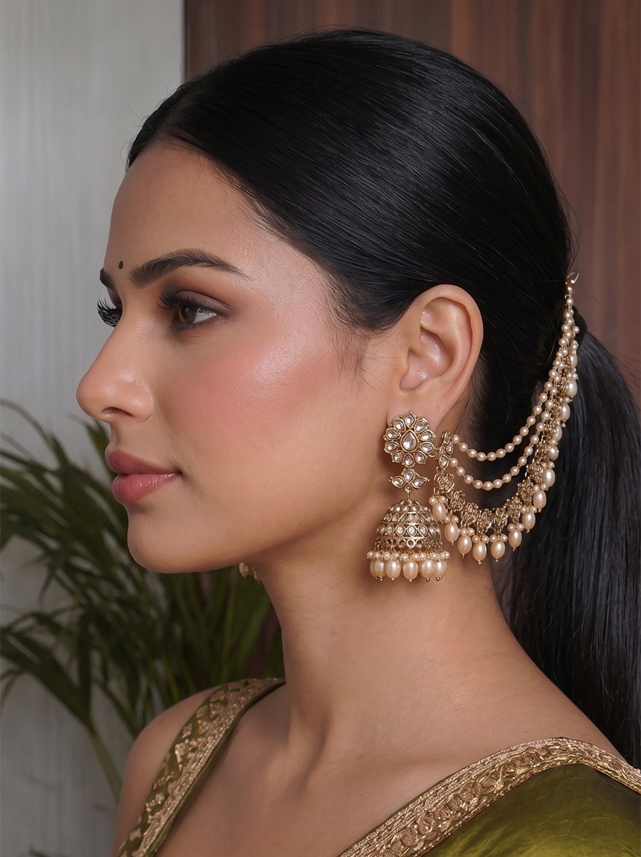 Zareen Jhumki Earrings With Ear Chain- Gold 