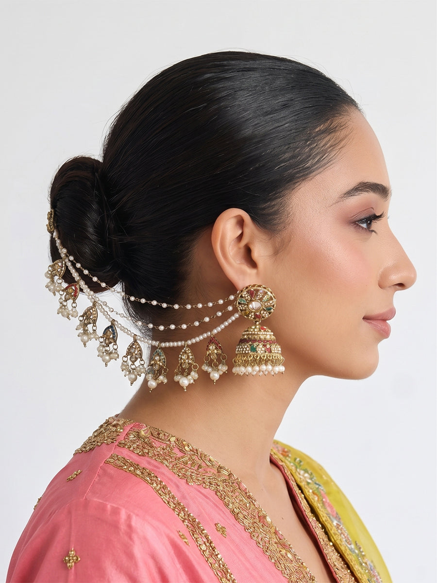 Inaya Jhumki Earrings With Ear Chain-Multicolor