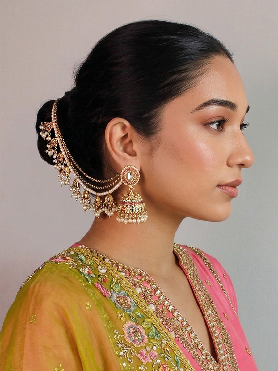 Falak Jhumki Earrings With Ear Chain - Multicolor