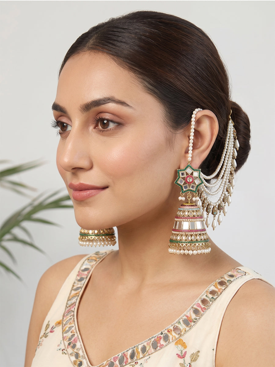 Nushrat Mirror Jhumki Earrings With Ear Chain-Multicolor
