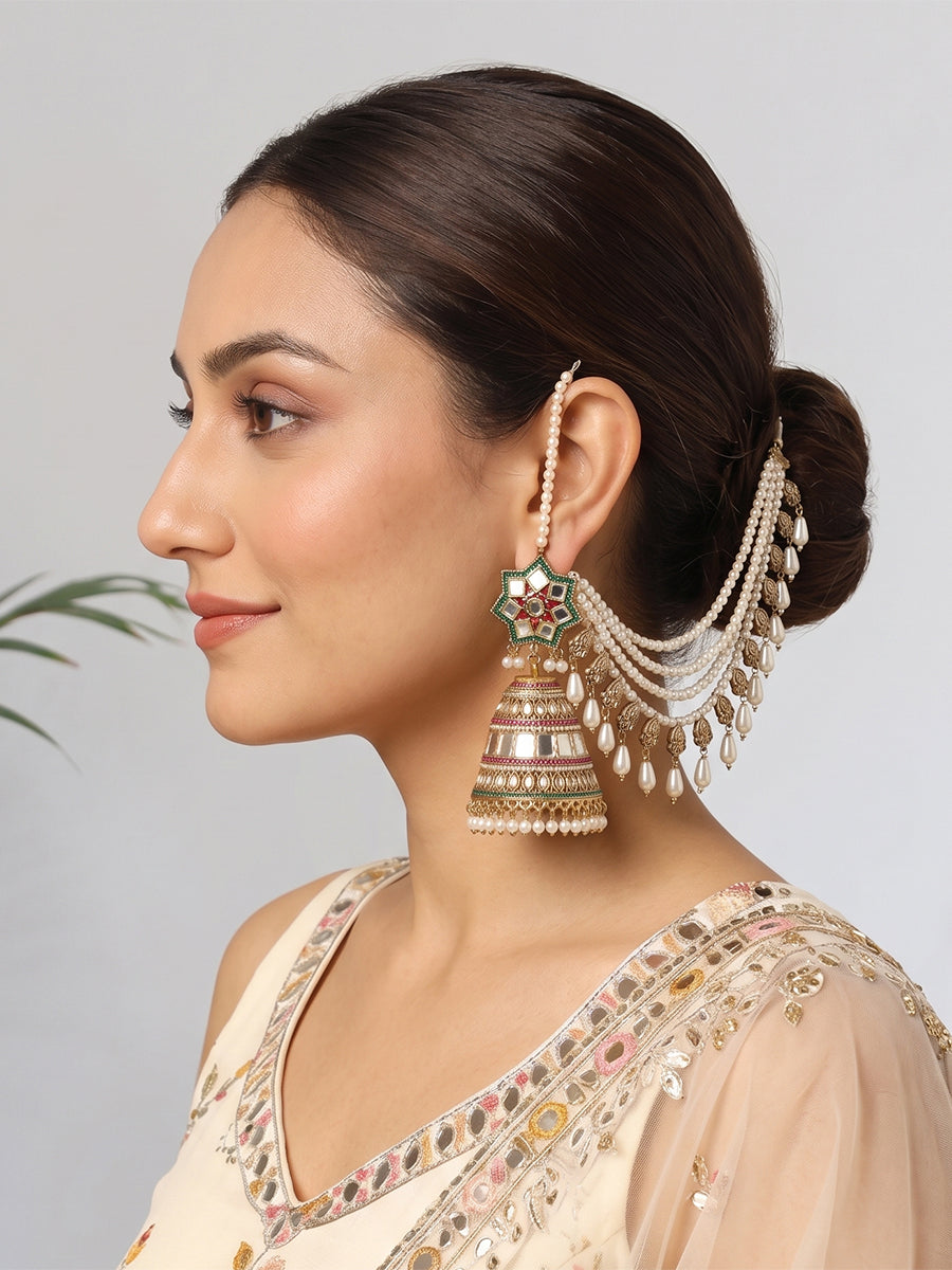 Nushrat Mirror Jhumki Earrings With Ear Chain-Multicolor