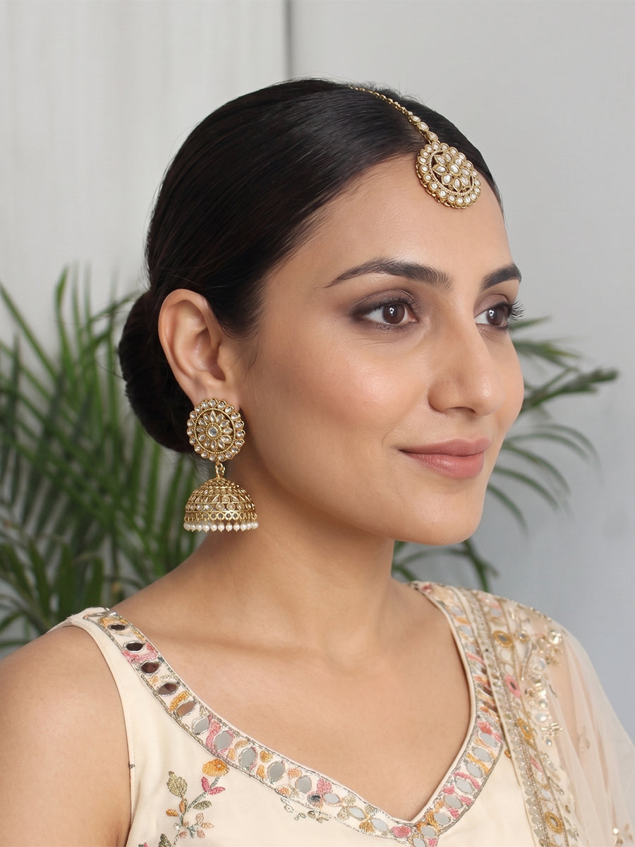 Shiza Jhumki Earrings with Earchain & Tikka-gold