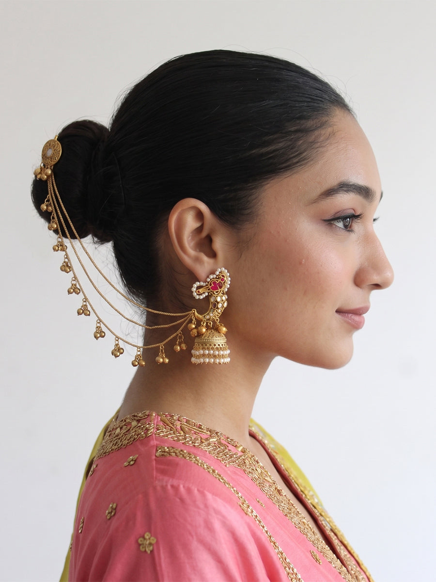 Chitra Jhumki Earrings With Ear Chain-Hot Pink