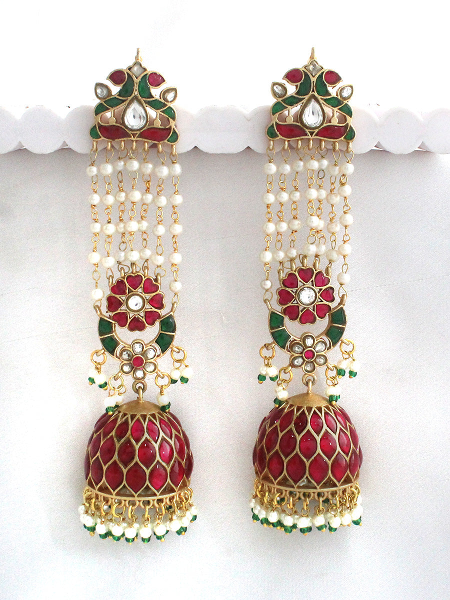 Meera Long Jhumki Earrings-Pink / Green
