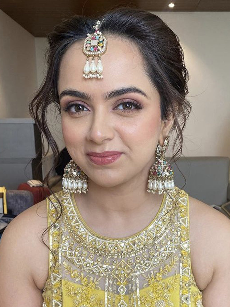 Rasika Mirror Earrings & Tikka Traditional Indian Jhumkas for NRI Brides