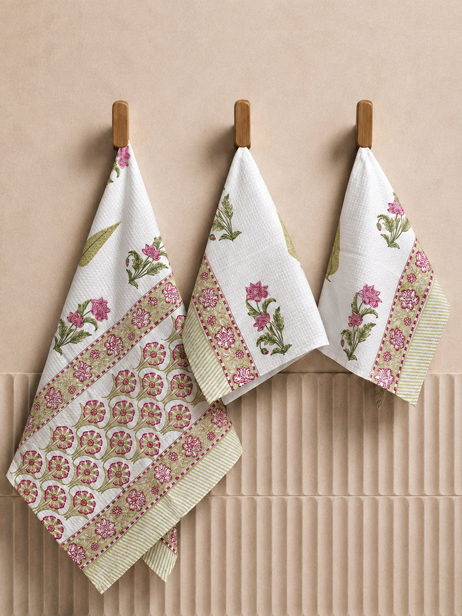 Blossom Pink Floral Hand & Bath Block Print Towel Set - Pink
