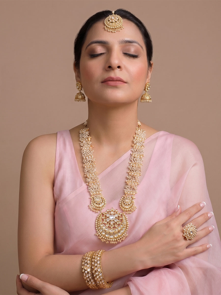 Alwar Long Kundan Necklace Set - White 