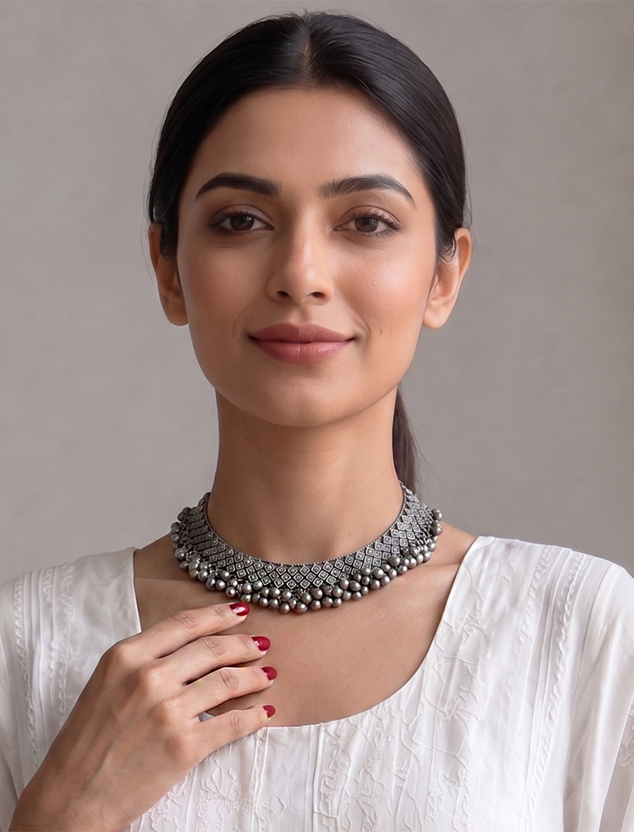 Mridula Choker Necklace-Antique silver