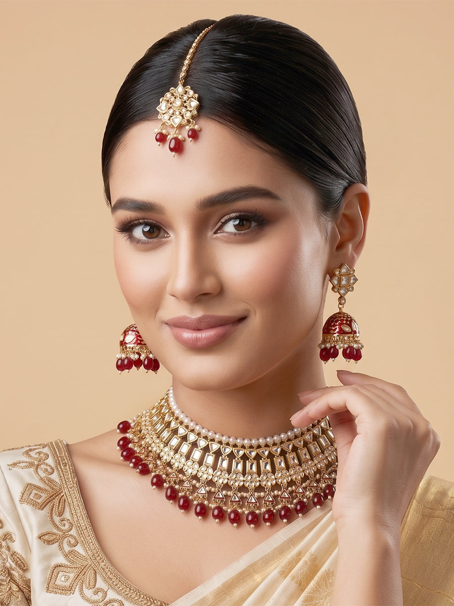 Multan Bib Necklace Set-Maroon