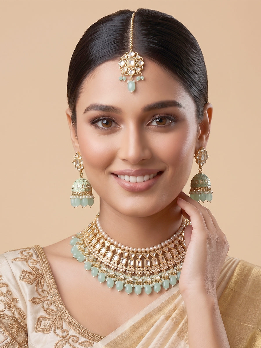 Multan Bib Necklace Set-Mint green