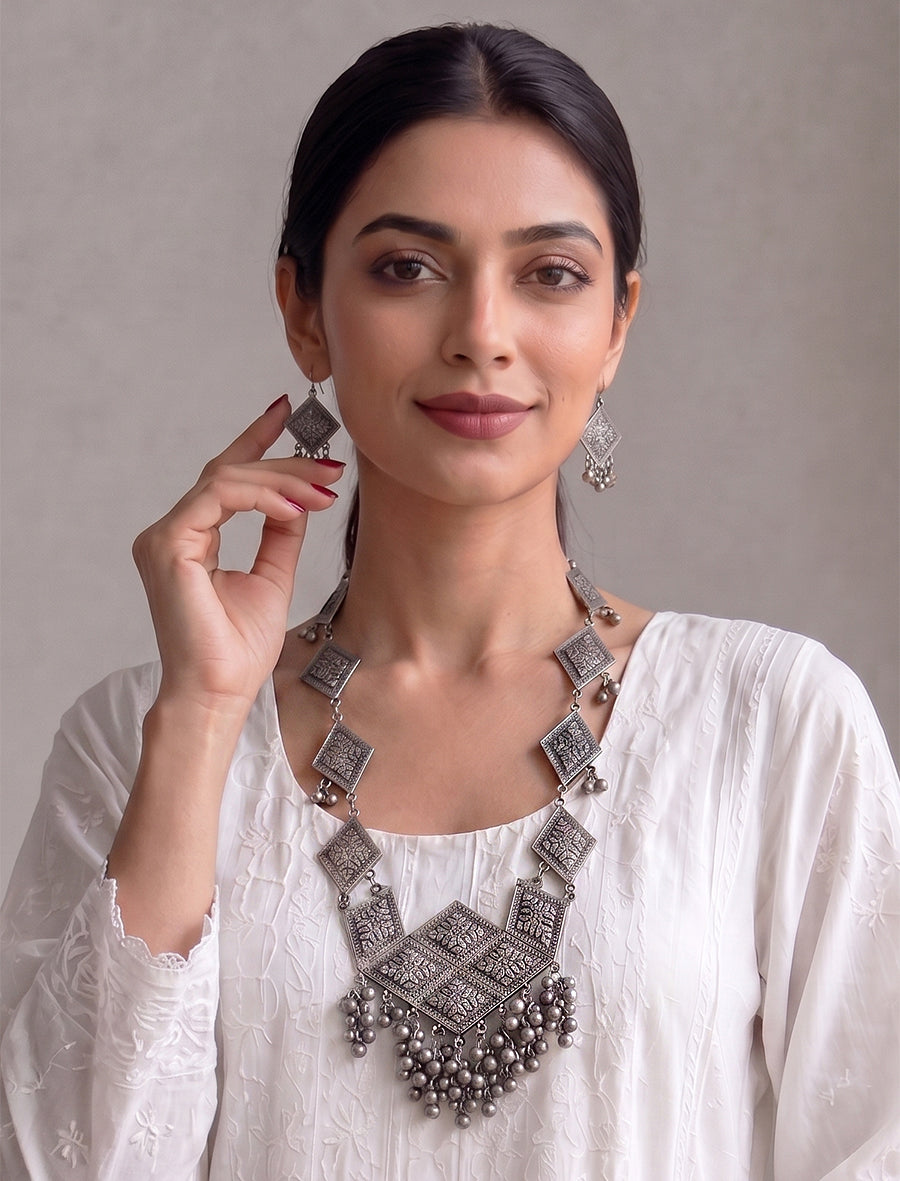 Umang Long Necklace Set-Antique Silver