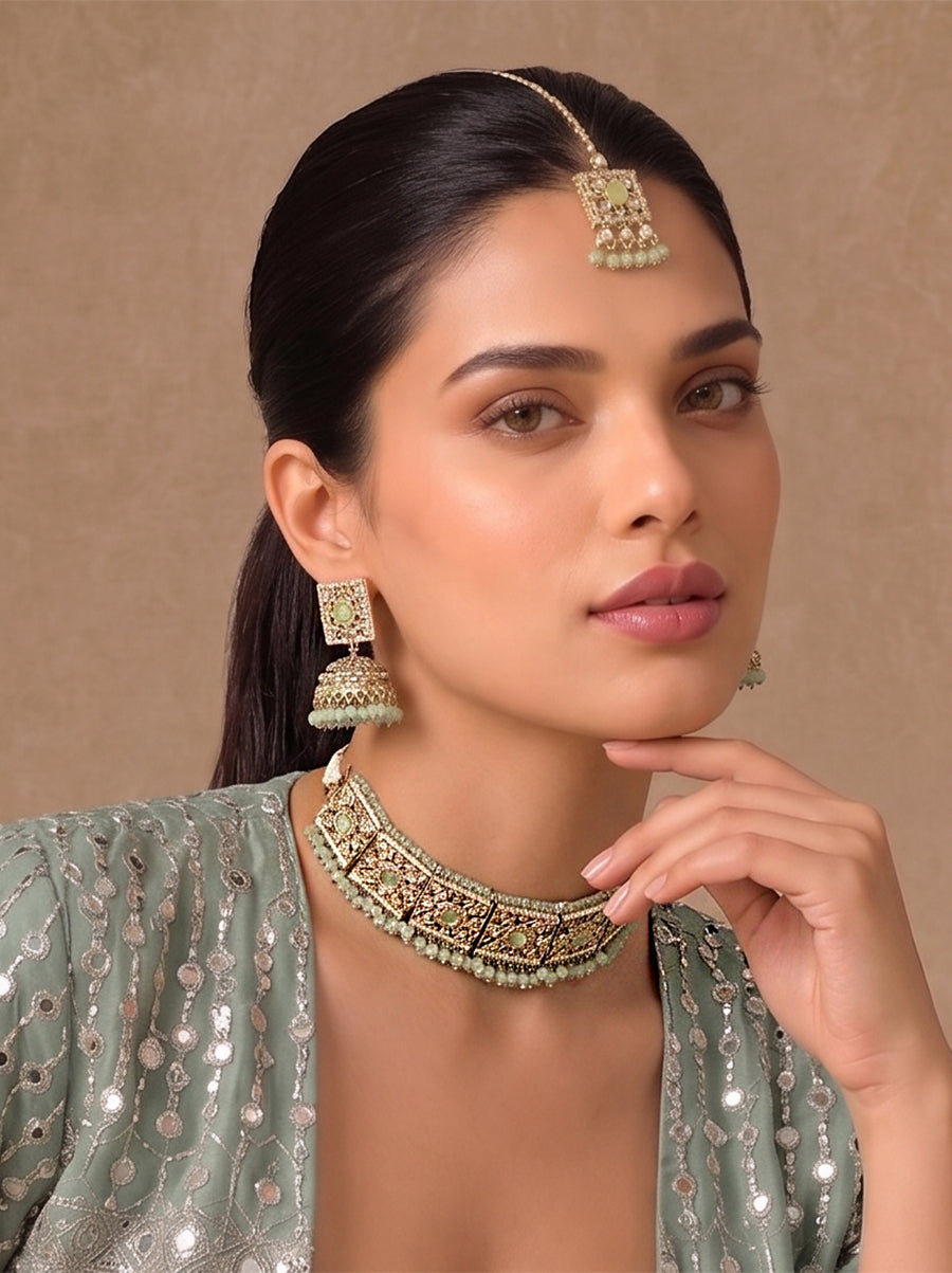 Asin Choker Necklace Set-Mint Green