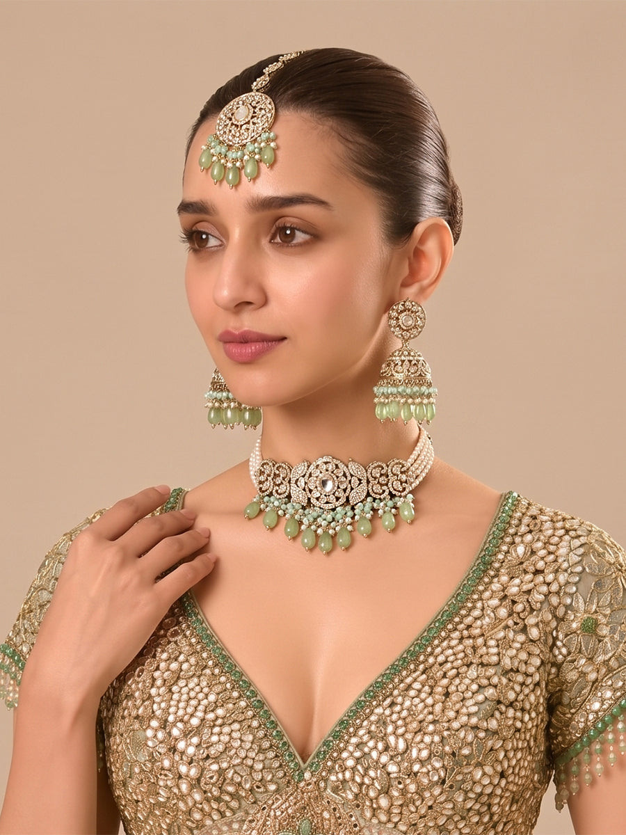 Takshi Mirror Choker Necklace Set-Mint Green