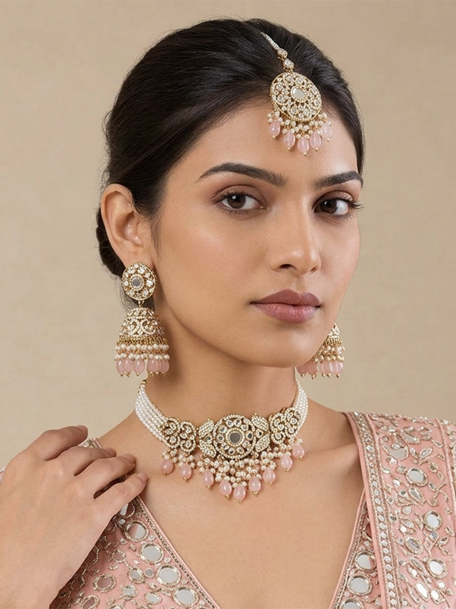 Takshi Mirror Choker Necklace Set-Pastel Pink