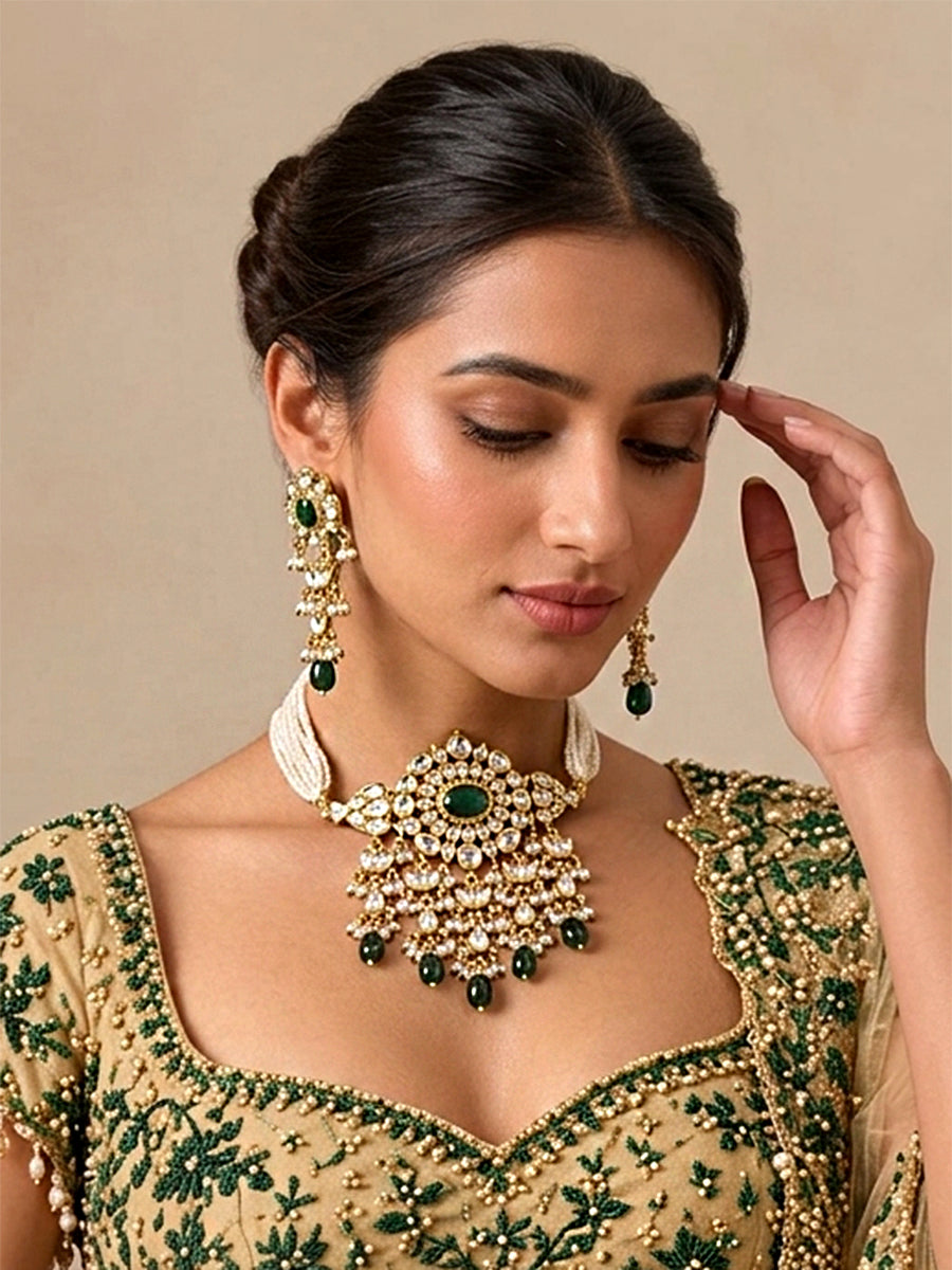 Pavitra Choker Necklace Set-Green