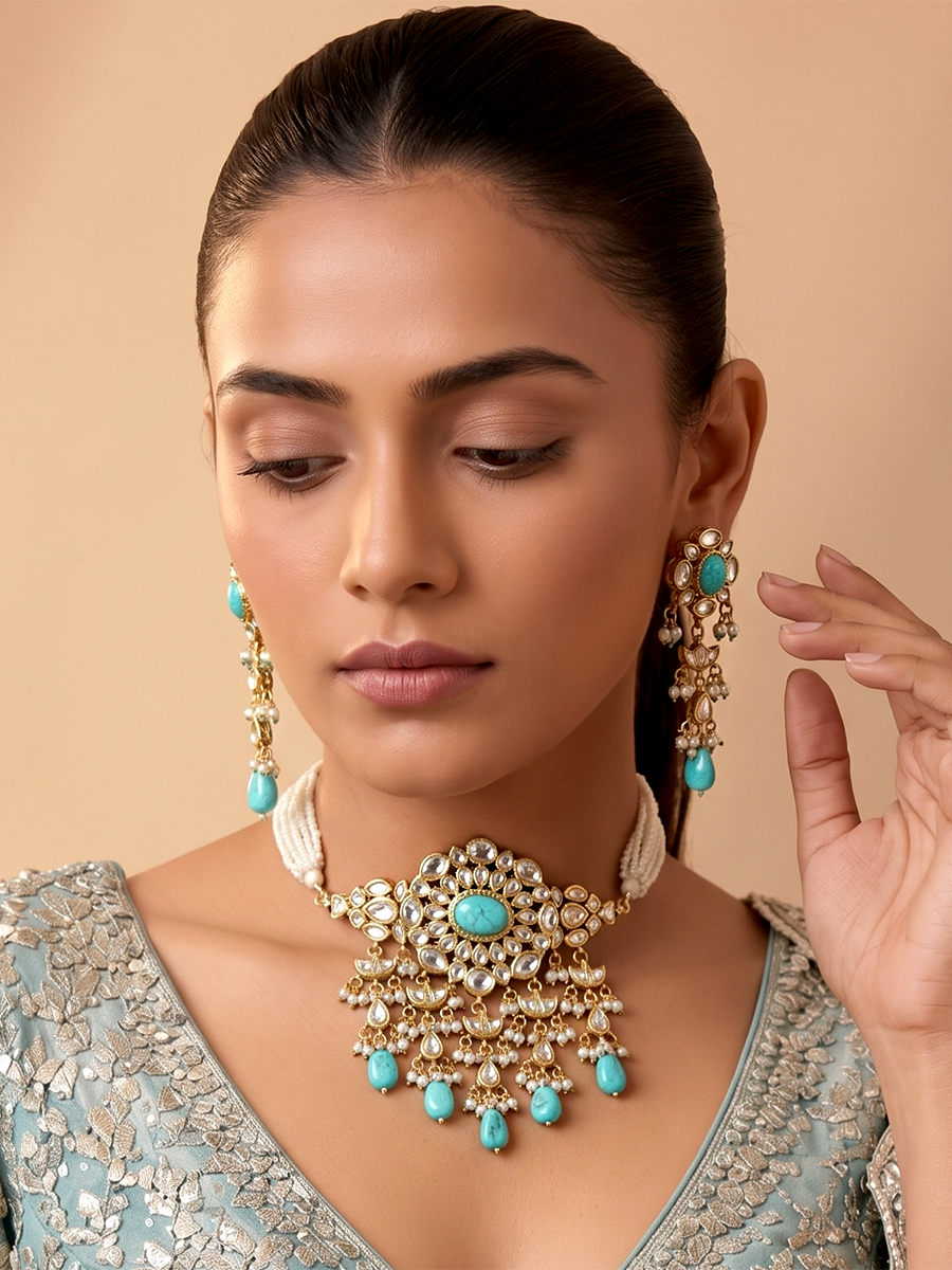 Pavitra Choker Necklace Set-Turquoise