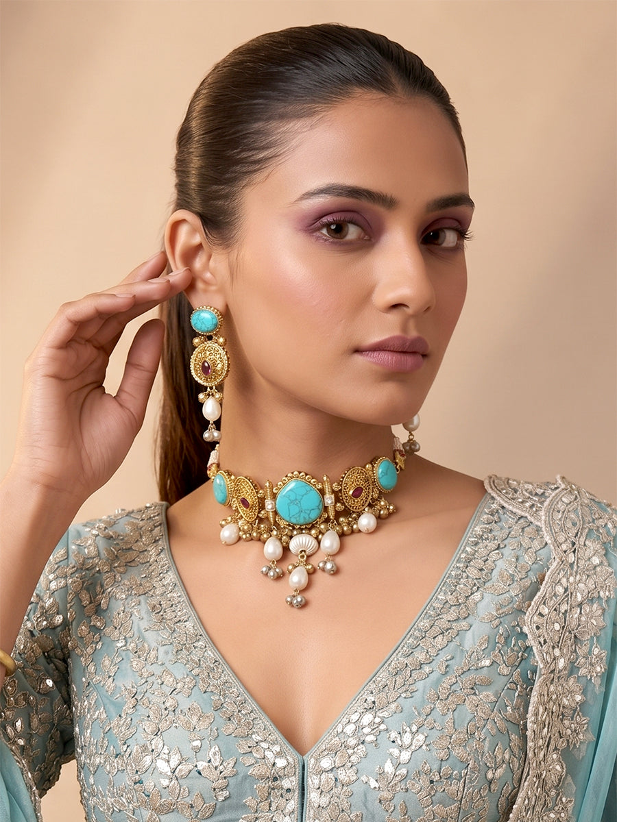 Maya Choker Necklace Set-Turquoise