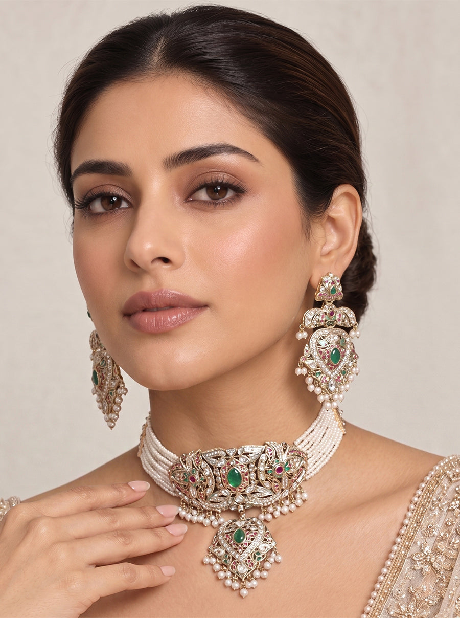 Zareen Jadau Choker Necklace Set-Multicolor
