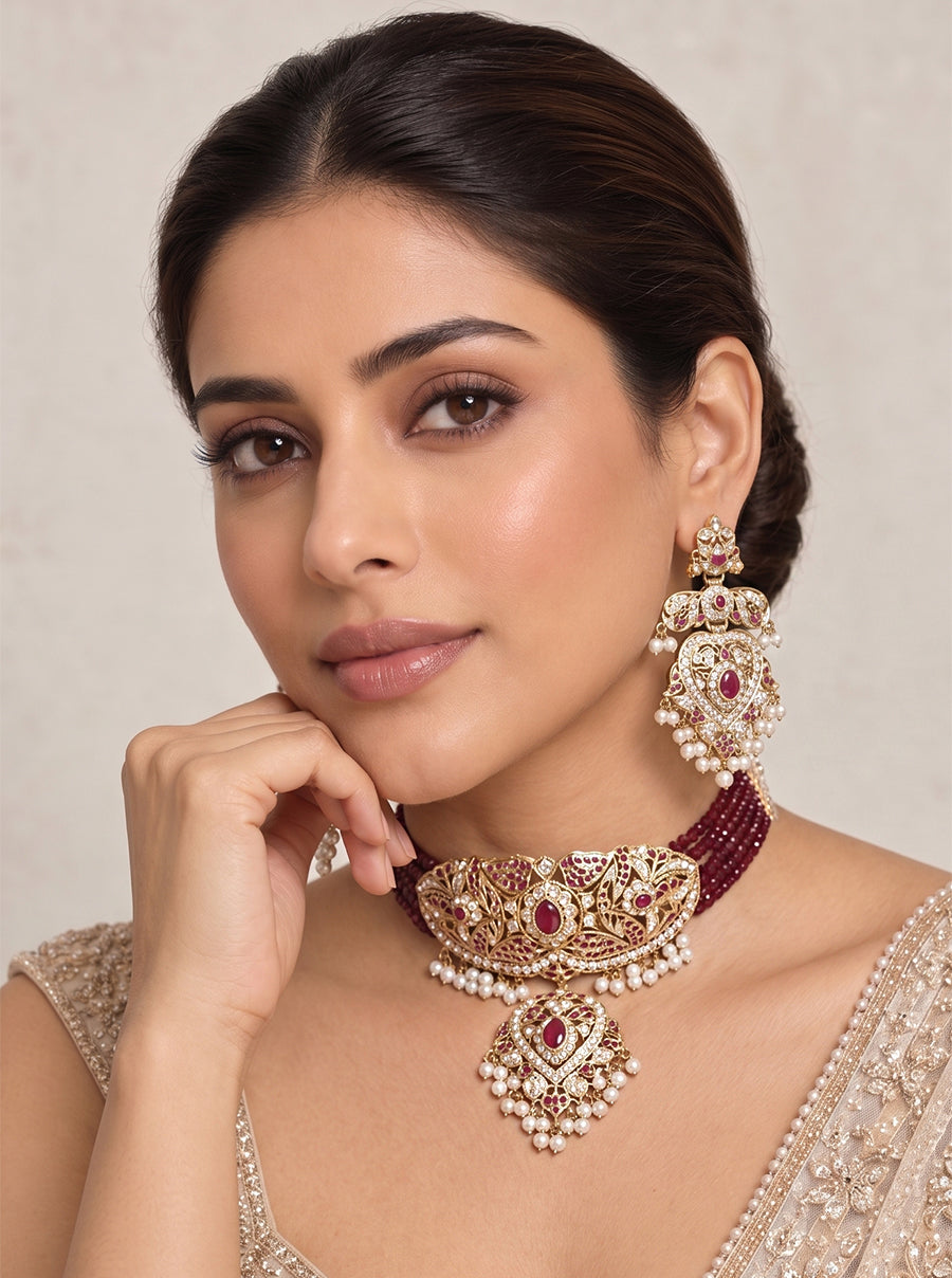 Zareen Jadau Choker Necklace Set-Maroon