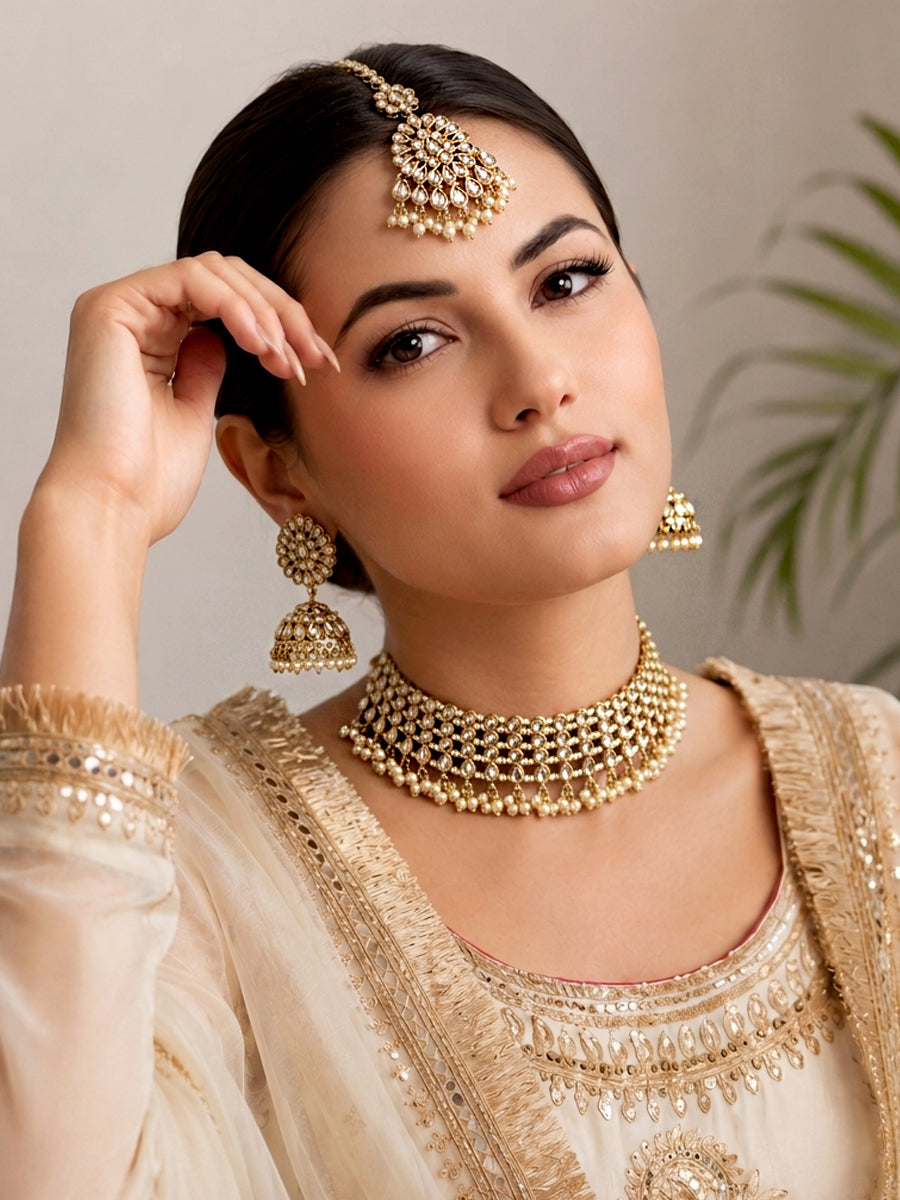 Riffat Choker Necklace Set-Gold