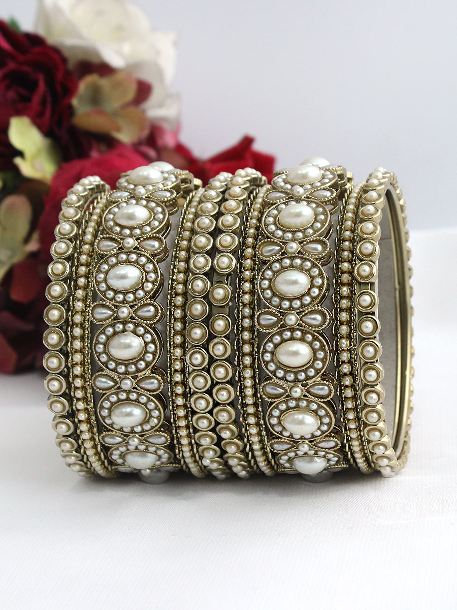 Lavika Bangle Set / Stack Traditional Indian Bangles with Fast Delivery-Pearl