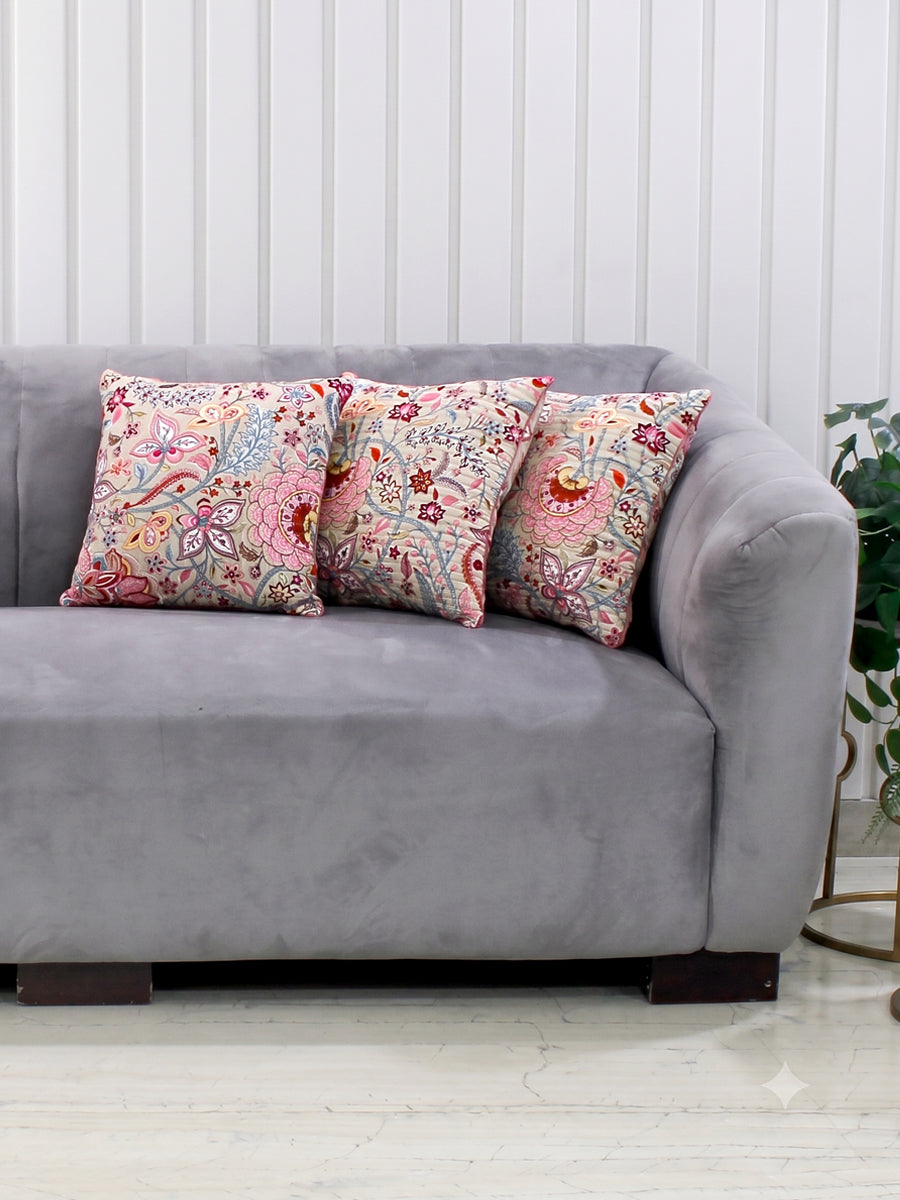 Pink Blossom Floral Hand Quilted Cushion Cover-Set of 5-Pink