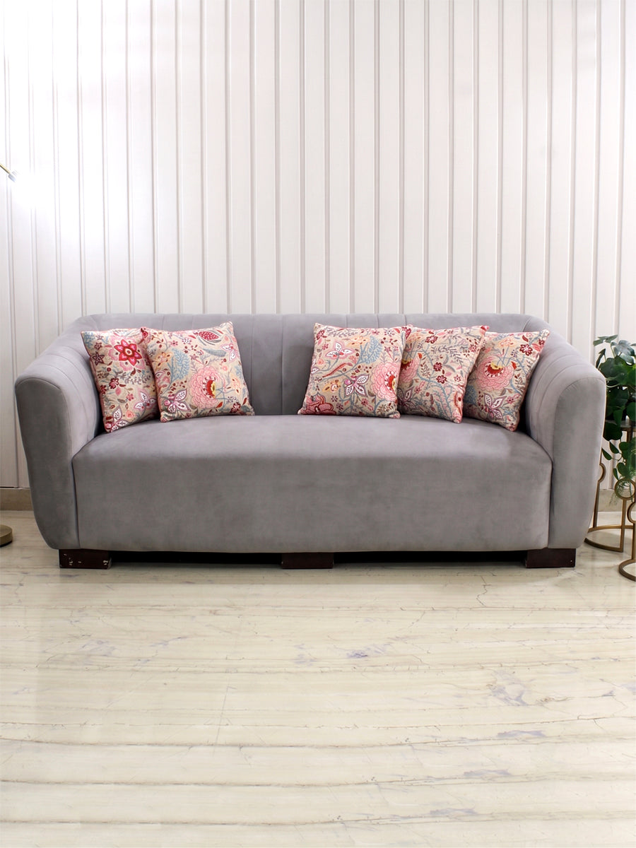 Pink Blossom Floral Hand Quilted Cushion Cover-Set of 5-Pink