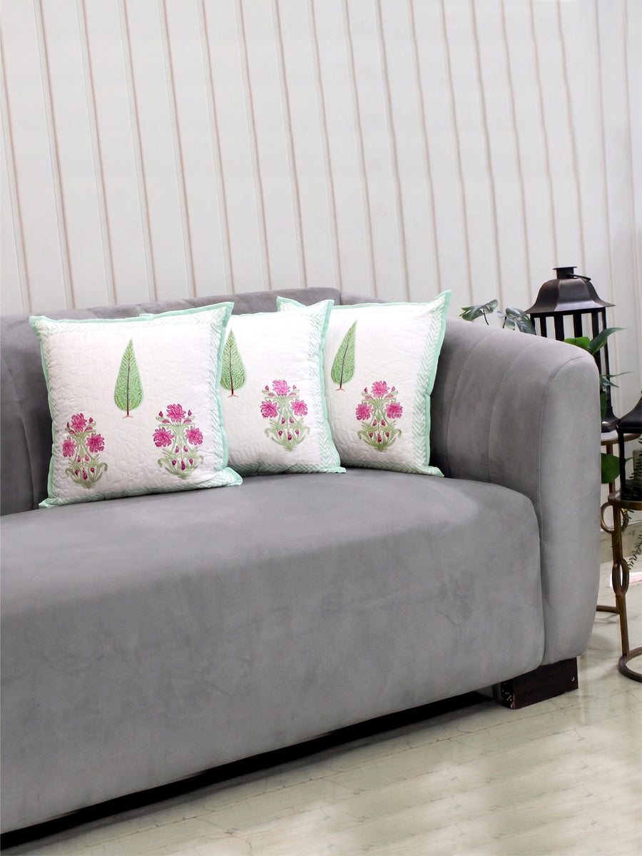 Garden Bloom Floral Block Print Cushion Cover-Set of 5-Mint Green