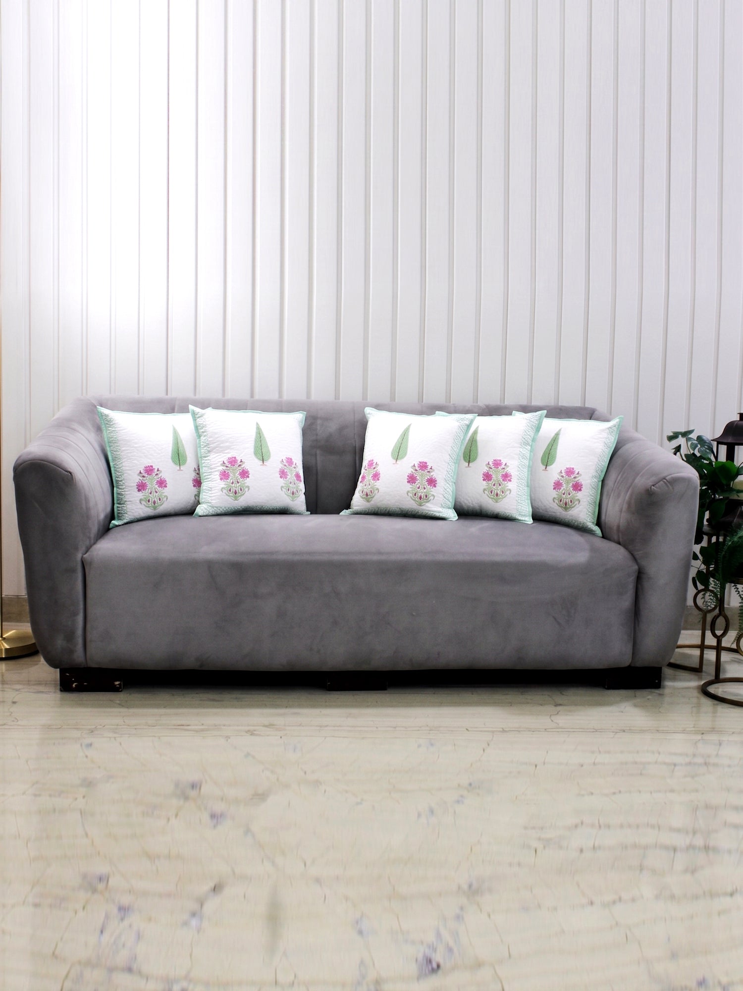 Garden Bloom Floral Block Print Cushion Cover-Set of 5-Mint Green