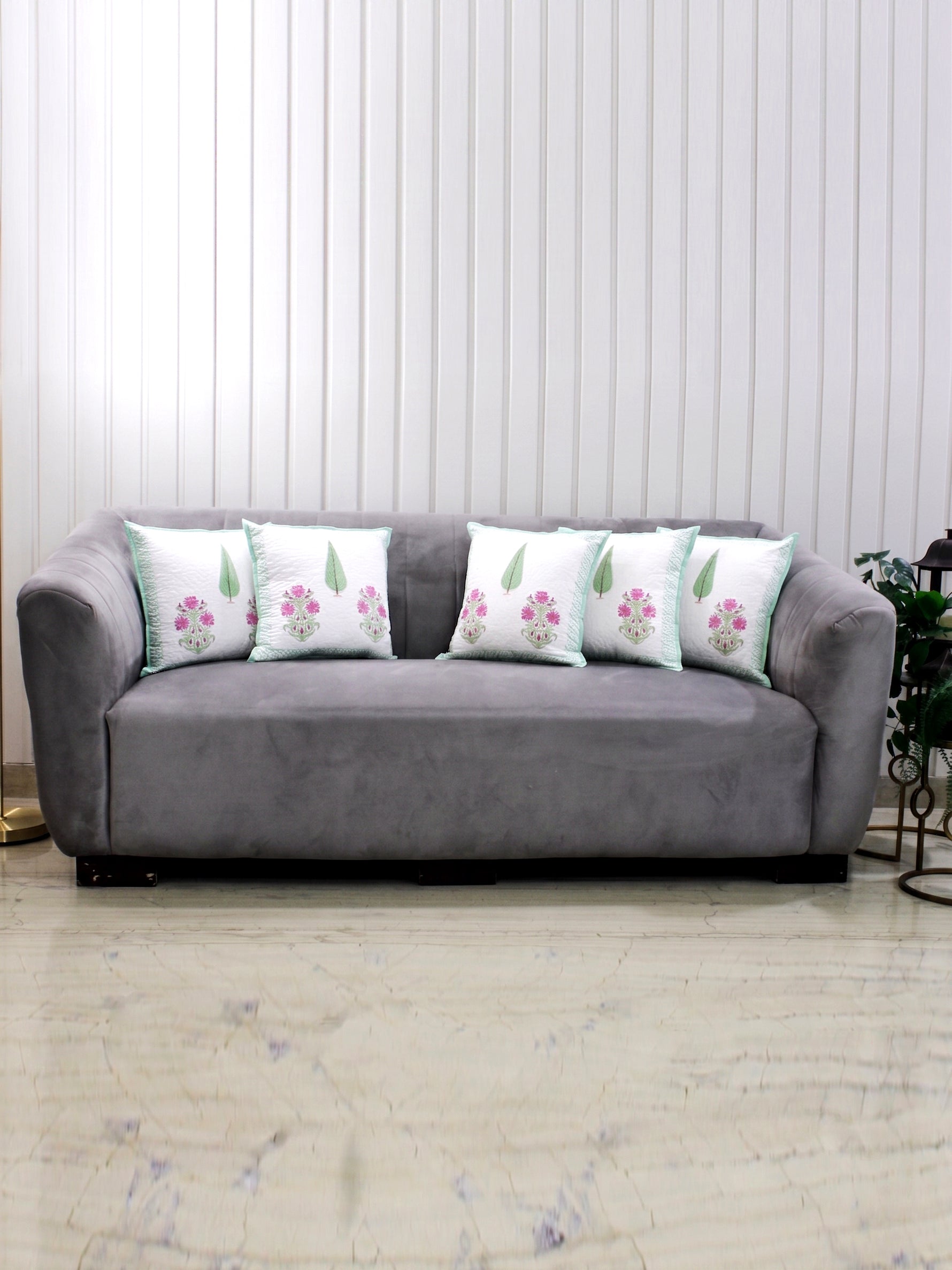 Garden Bloom Floral Block Print Cushion Cover-Set of 5-Mint Green