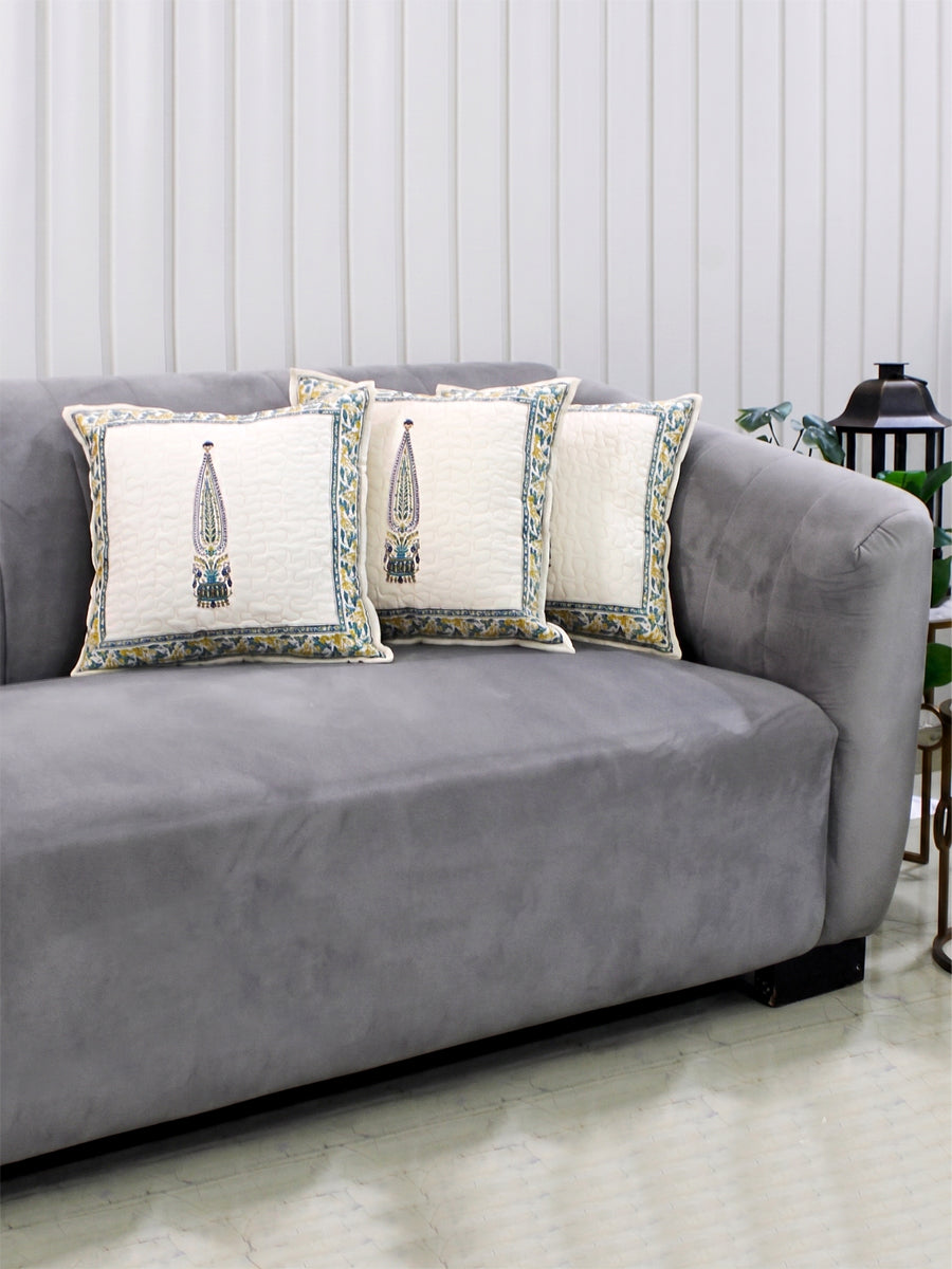 Indigo Buta Heritage Quilted Cushion Cover-Set of 5-Sea Green