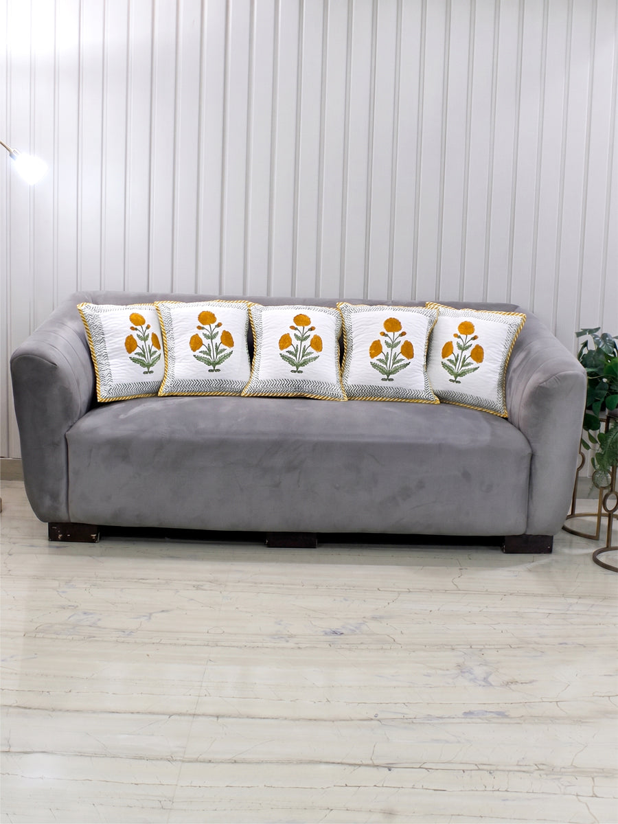 Handcrafted Marigold Floral Cushion Cover Set of 5-Marigold