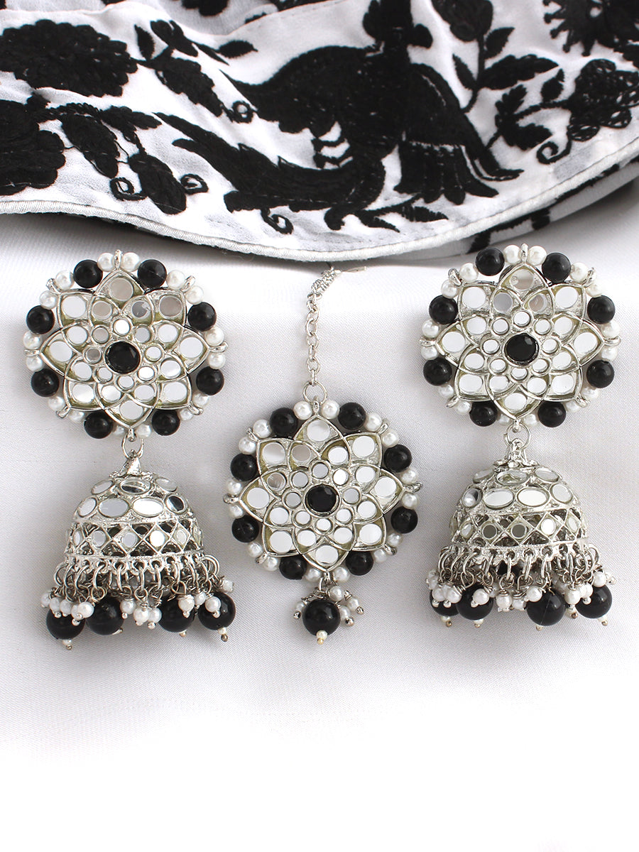 Ziya Mirror Earrings & Tikka-Black