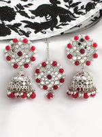 Ziya Mirror Earrings & Tikka-ruby Pink