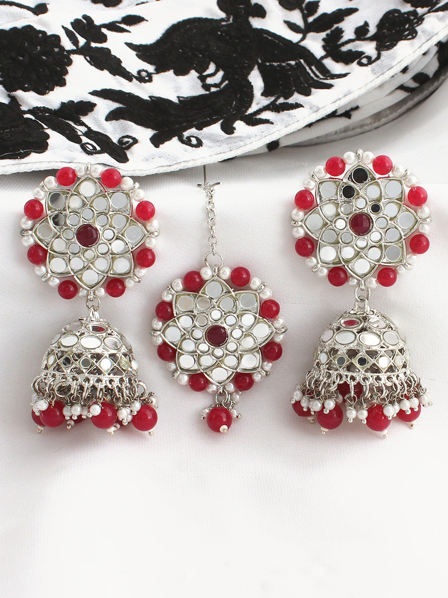 Ziya Mirror Earrings & Tikka-ruby Pink