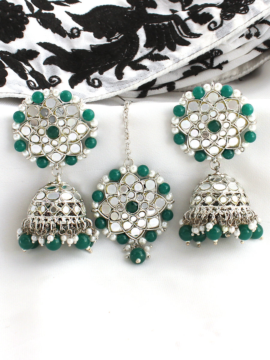 Ziya Mirror Earrings & Tikka-Green