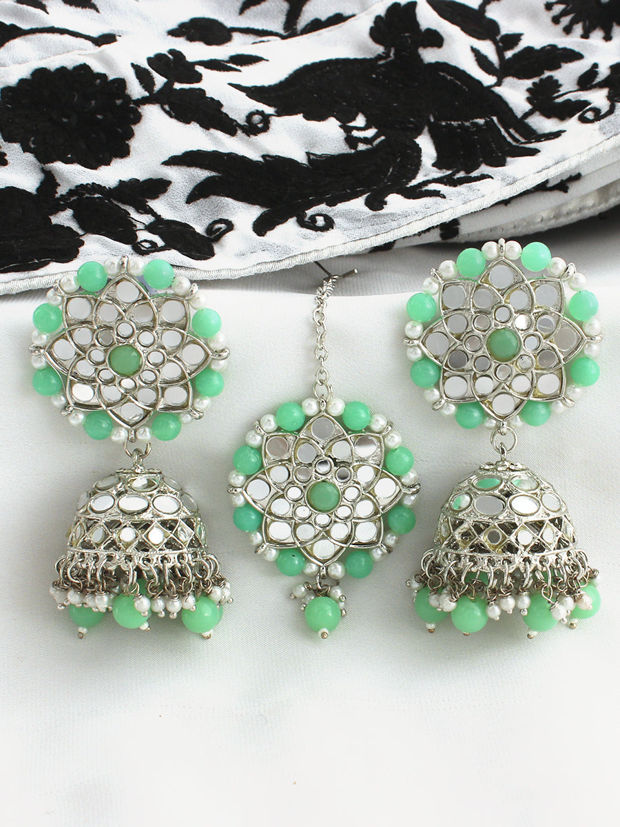 Ziya Mirror Earrings & Tikka-Mint Green