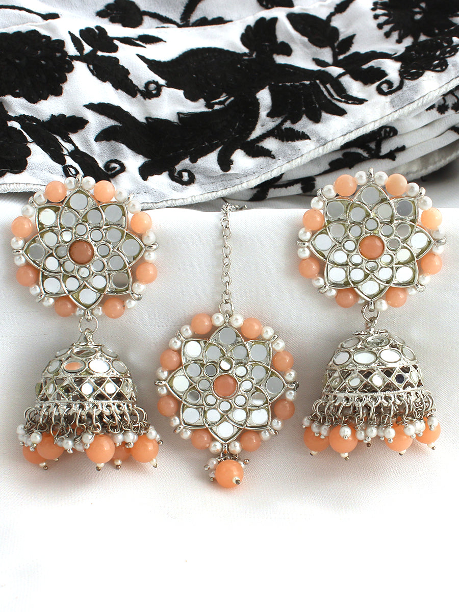 Ziya Mirror Earrings & Tikka-Peach