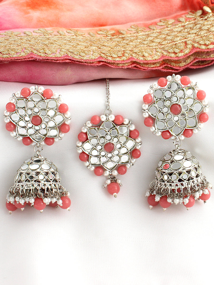 Ziya Mirror Earrings & Tikka-Pink