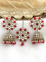 Ziya Mirror Earrings & Tikka-Ruby Pink