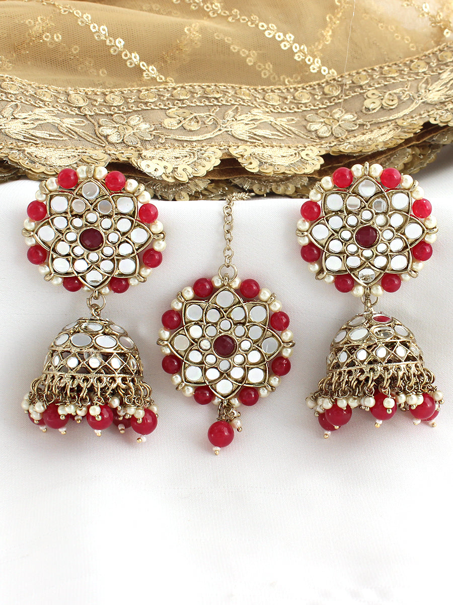 Ziya Mirror Earrings & Tikka-Ruby Pink