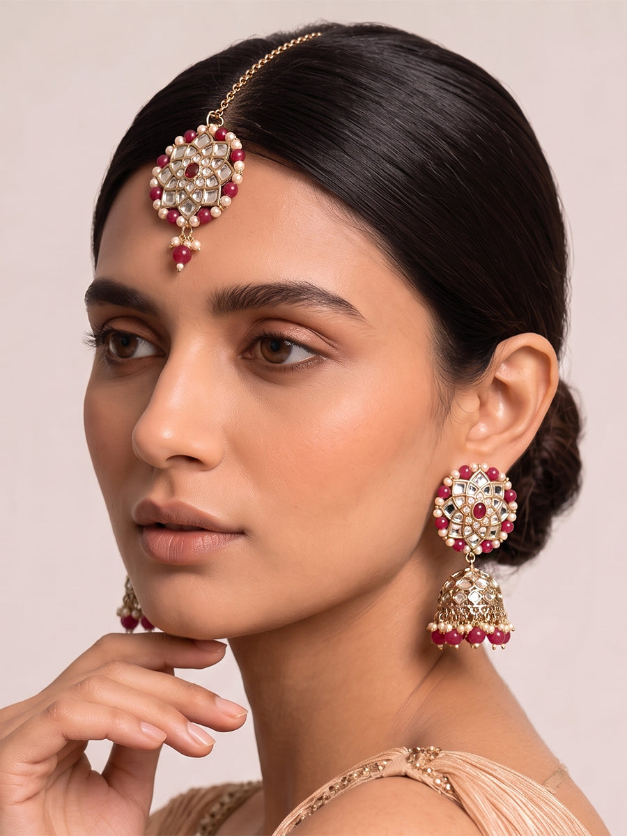 Ziya Mirror Earrings & Tikka-Ruby Pink