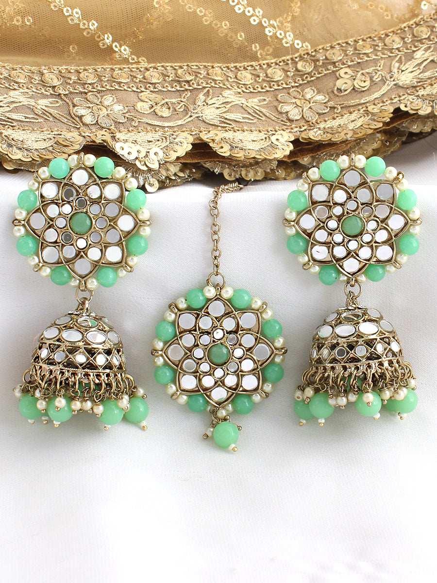 Ziya Mirror Earrings & Tikka-Mint green