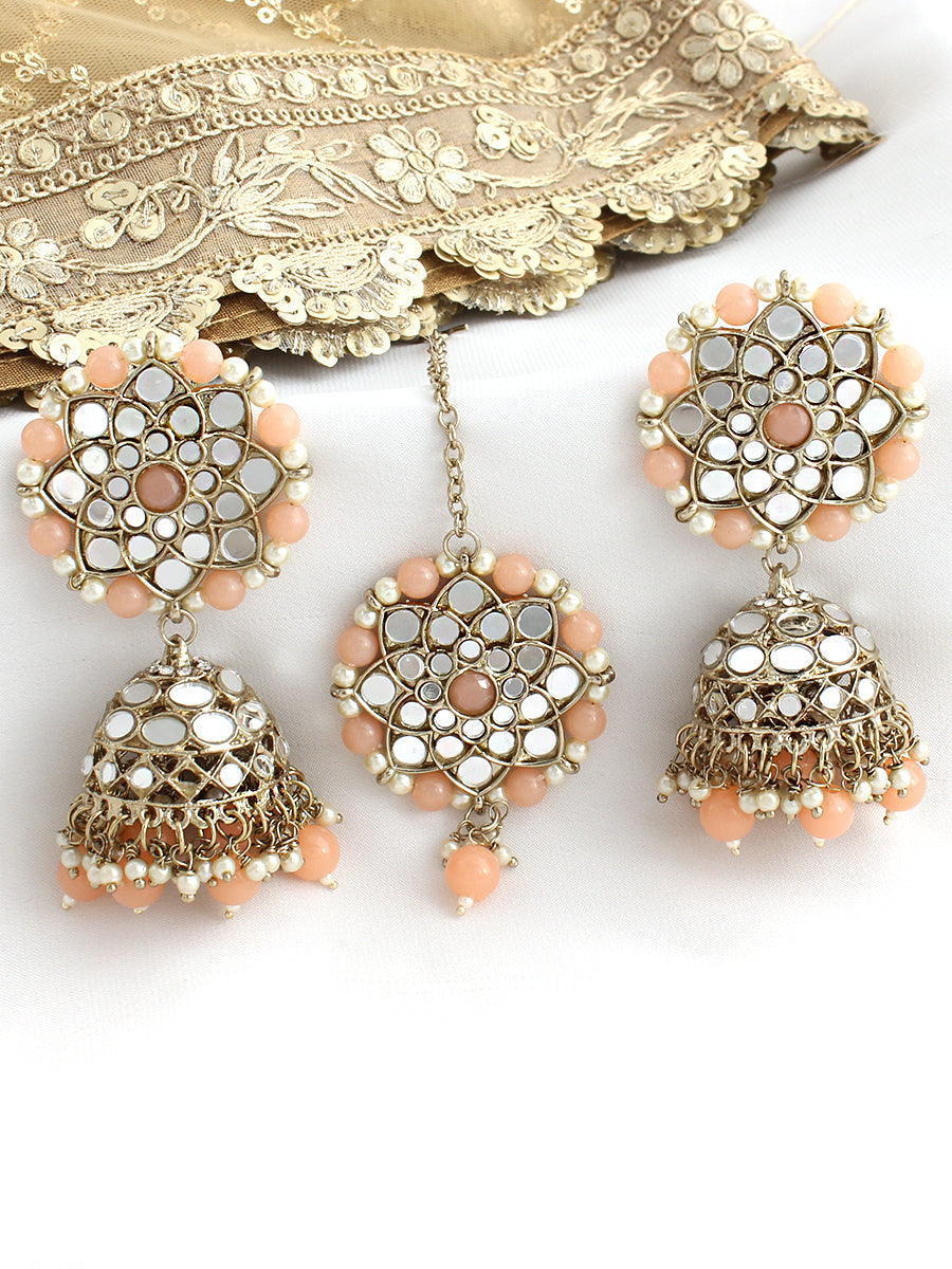 Ziya Mirror Earrings & Tikka-Peach