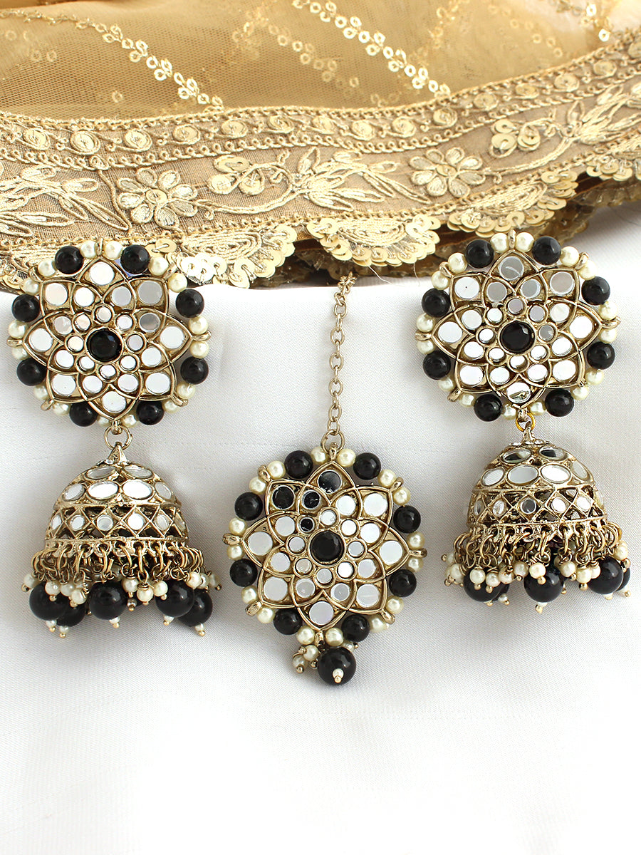 Ziya Mirror Earrings & Tikka-black