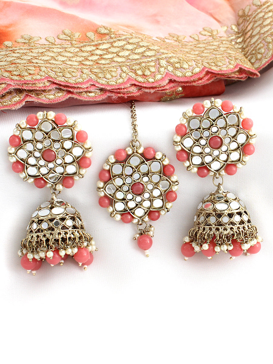 Ziya Mirror Earrings & Tikka-pink
